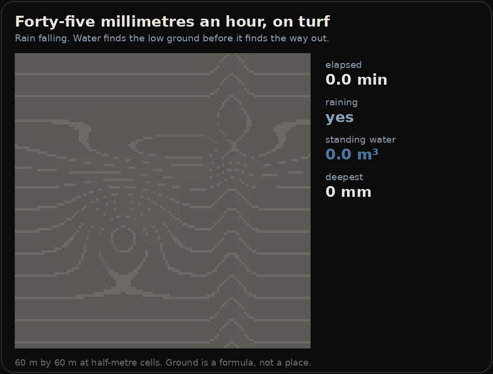 An animated section of ground sixty metres square, drawn from above, with rain falling on it. Water gathers first in a round hollow toward the bottom left and then in a second pool behind a ridge that runs across the fall, while a thin bright line of flow runs down a shallow cut on the right. When the rain stops, the sheet of water drains away and the two pools stay.