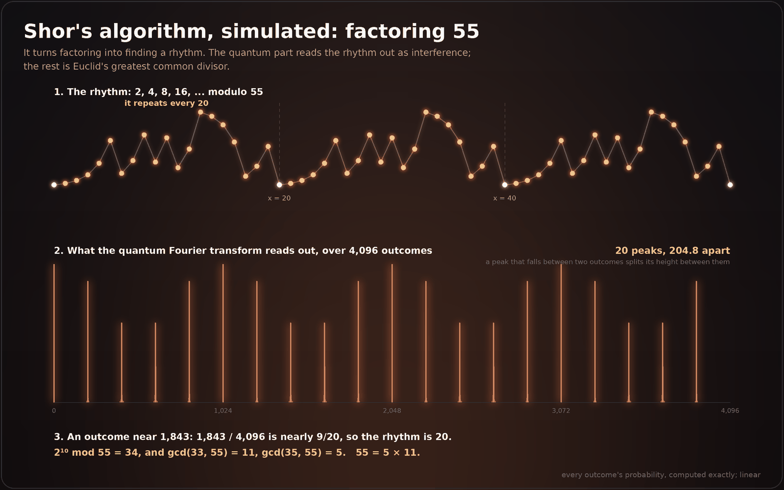 A figure titled Shor's algorithm, simulated: factoring 55. The top panel plots 2 to the power x modulo 55 for x from 0 to 60 as glowing dots, a jagged pattern that repeats exactly every 20 steps, with dashed lines at x equals 20 and 40. The middle panel shows what the quantum Fourier transform reads out over 4,096 outcomes: 20 bright, evenly spaced spikes, 204.8 outcomes apart, and nothing in between. The bottom lines read: an outcome near 1,843; 1,843 over 4,096 is nearly 9/20, so the rhythm is 20; 2 to the 10 modulo 55 is 34, and the greatest common divisor of 33 and 55 is 11, and of 35 and 55 is 5; 55 equals 5 times 11.