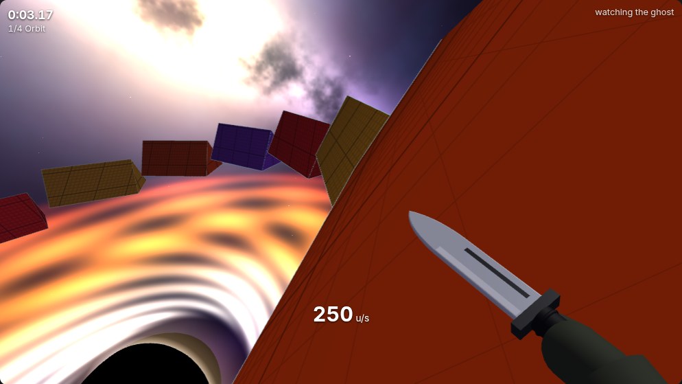 Event Horizon in the Surf game: a line of ramps spiralling away over a black hole, the hole a dark disc ringed with light at the lower left and its glowing disc filling the view below