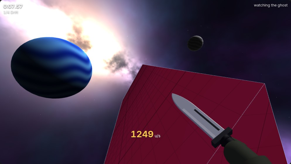 Nebula in the Surf game: a crimson ramp running away under a galaxy sky, with a banded blue planet and a small grey one hanging beside the course