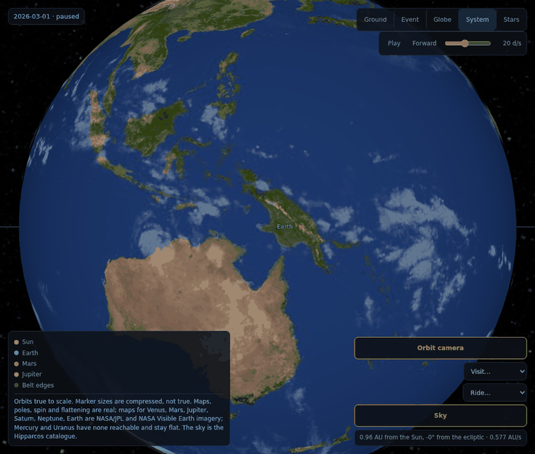 Earth from a few marker radii sunward, Australia and Indonesia under scattered cloud, ocean blue, the terminator on the right.