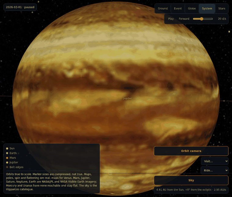 Jupiter filling the frame, its belts and zones and the Great Red Spot from the Cassini map, lit from the left with the night side falling into shadow on the right. Stars behind it.