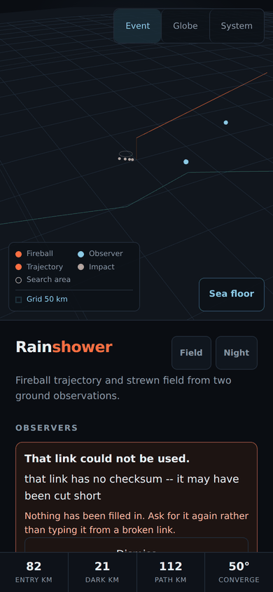 A phone screen headed Observers showing a red bordered notice. It reads That link could not be used, then the reason: that link has no checksum, it may have been cut short. Below in orange: Nothing has been filled in. Ask for it again rather than typing it from a broken link. A Dismiss button sits at the foot of the box